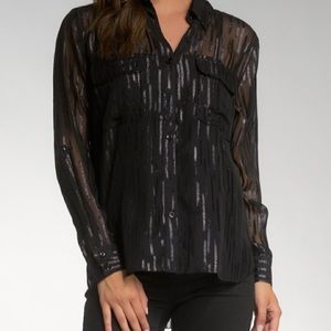 Elan Sheer Shimmer Top Button Down Black Blouse Shimmer Accents NWT